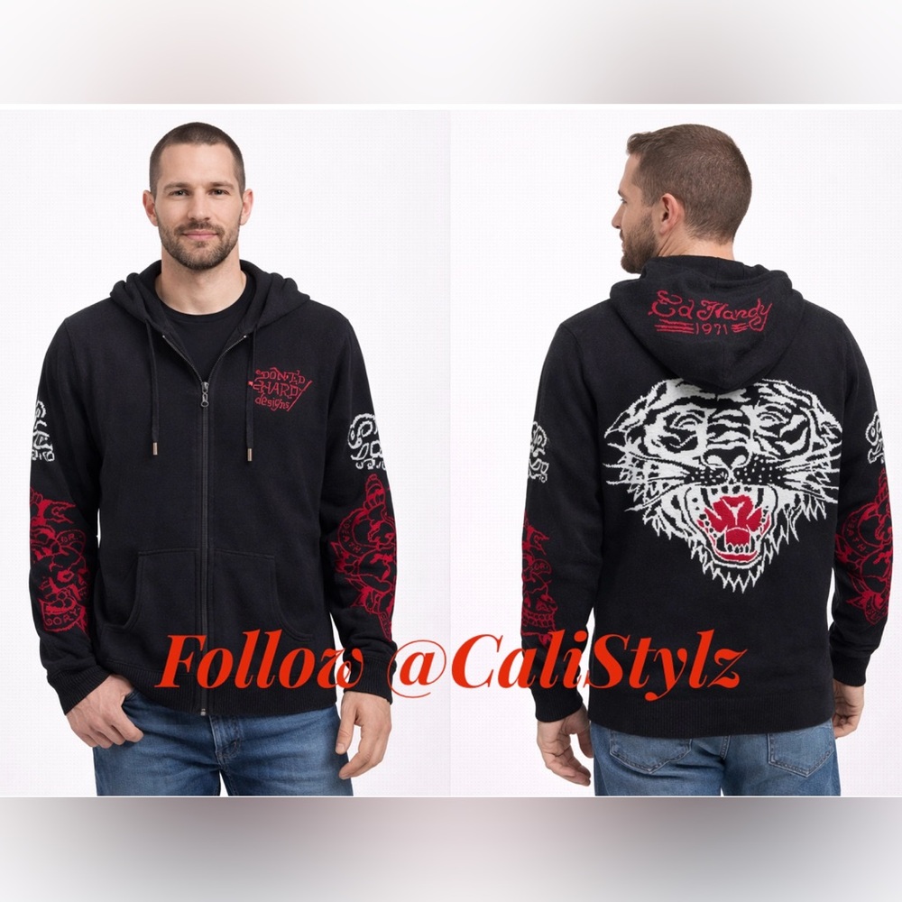 🔥 NWT! Ed Hardy Tiger Special Knit Full Zip Lightweight Sweater Hoodie